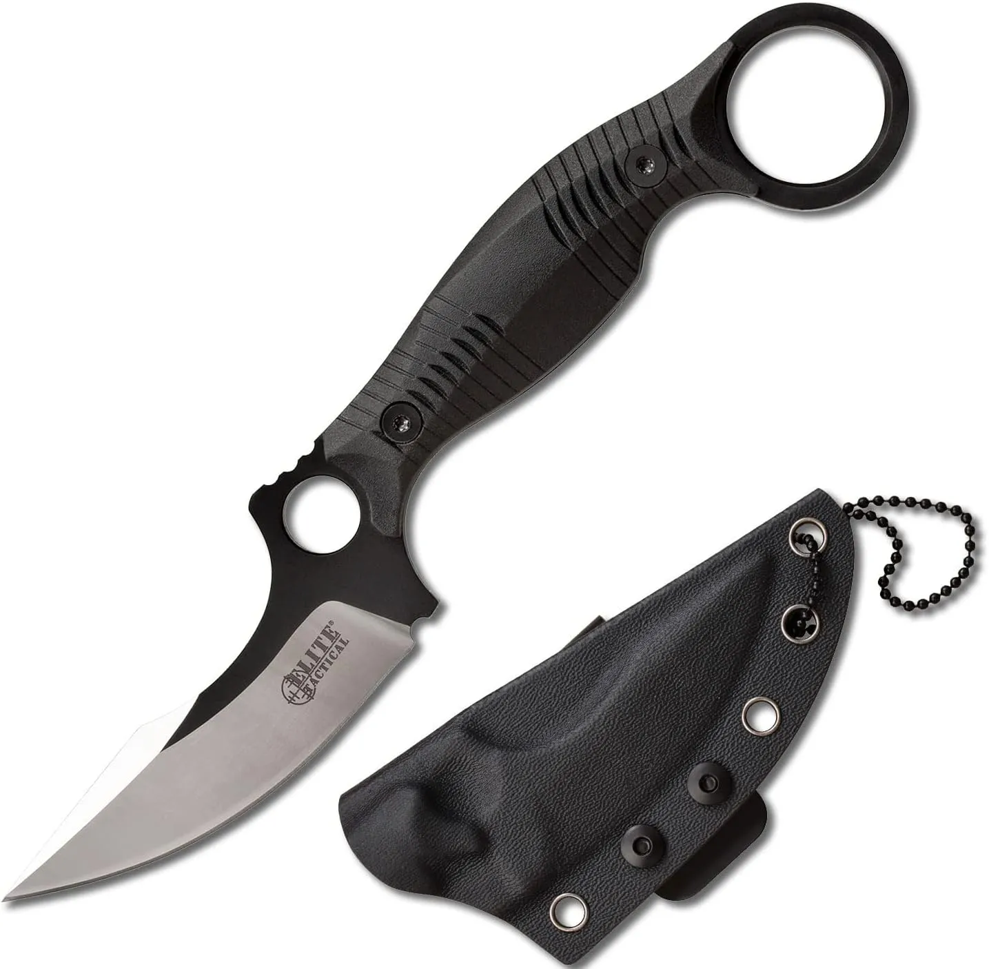 -Fixed Blade Knife - ROUT - Reverse Hawkbill Blade with Black G10 Handle, Full Tang Construction, Kydex Sheath w/Multi-Position Clip and Breakaway Chain, EDC, Tactical, ET-FIX007BK