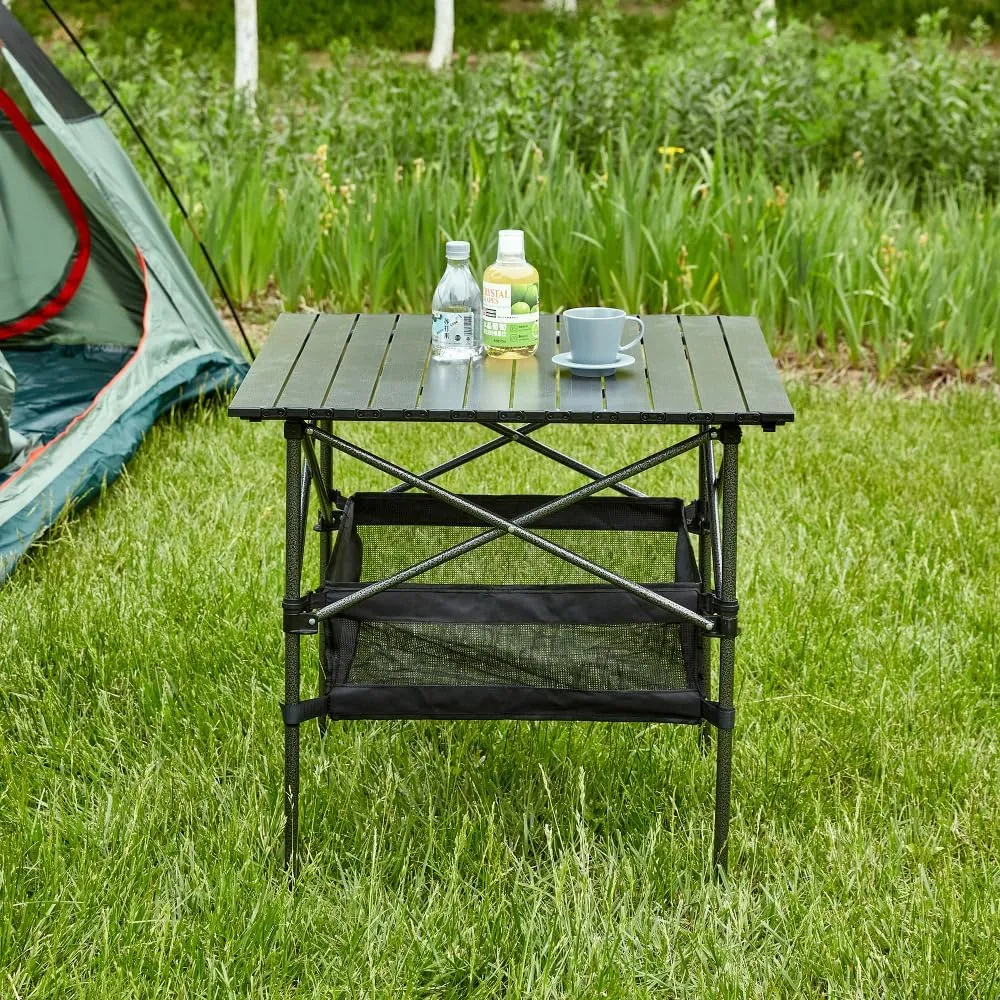 1-Piece Folding Outdoor Table with Carrying Bag,Lightweight Aluminum Roll-up Rectangular Table for Indoor, Outdoor Camping, Picnics,Beach,Backyard, BBQ, Party (Black   Aluminum-1)