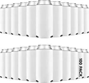 100 Pack Blank Slim Can Cooler Sleeves, Sublimation Insulated Foam Drink Holder for Beer, 12oz Skinny Foldable Soda Cover for Weddings, Parties Supplies, Bulk Assorted Solid Color (White)