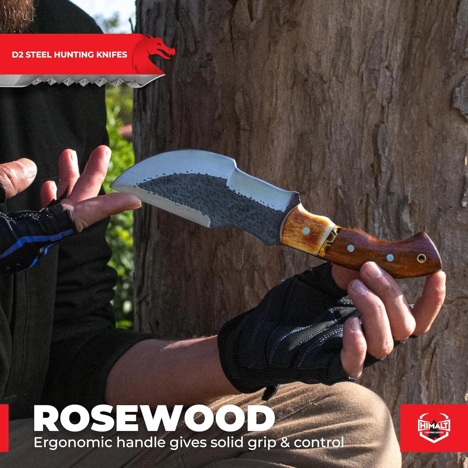10.5" Hand Forged D2 Steel Hunting Knife with Sheath-Bushcraft knife-Rosewood & Burnt Camel Bone Handle- Fixed Blade Hunting, Survival knife Full Tang-Ideal For EDC,camping skinning, Outdoor-Best Hunting Knives For Men.