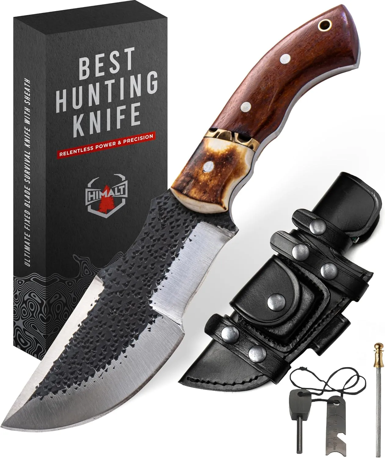 10.5" Hand Forged D2 Steel Hunting Knife with Sheath-Bushcraft knife-Rosewood & Burnt Camel Bone Handle- Fixed Blade Hunting, Survival knife Full Tang-Ideal For EDC,camping skinning, Outdoor-Best Hunting Knives For Men.