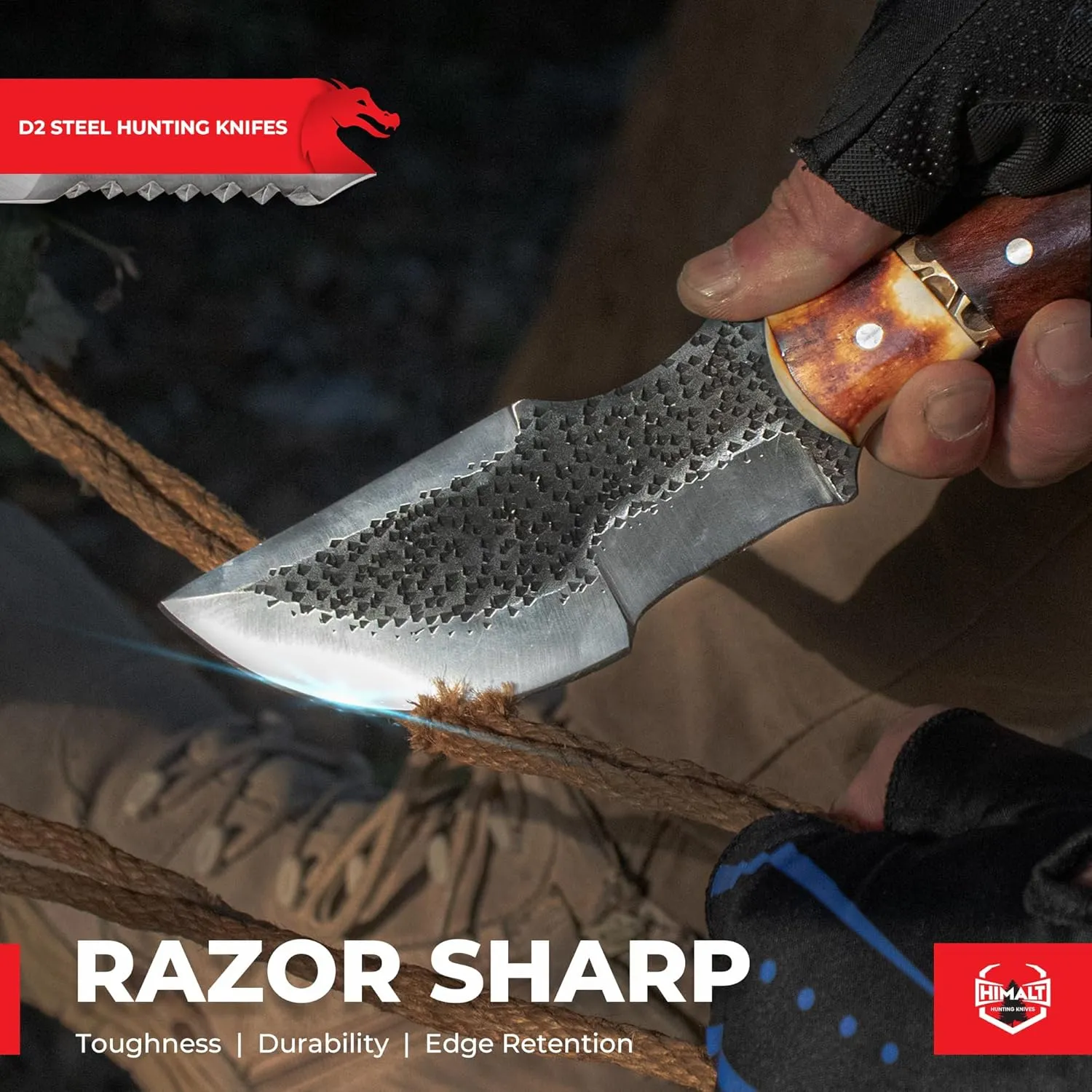 10.5" Hand Forged D2 Steel Hunting Knife with Sheath-Bushcraft knife-Rosewood & Burnt Camel Bone Handle- Fixed Blade Hunting, Survival knife Full Tang-Ideal For EDC,camping skinning, Outdoor-Best Hunting Knives For Men.