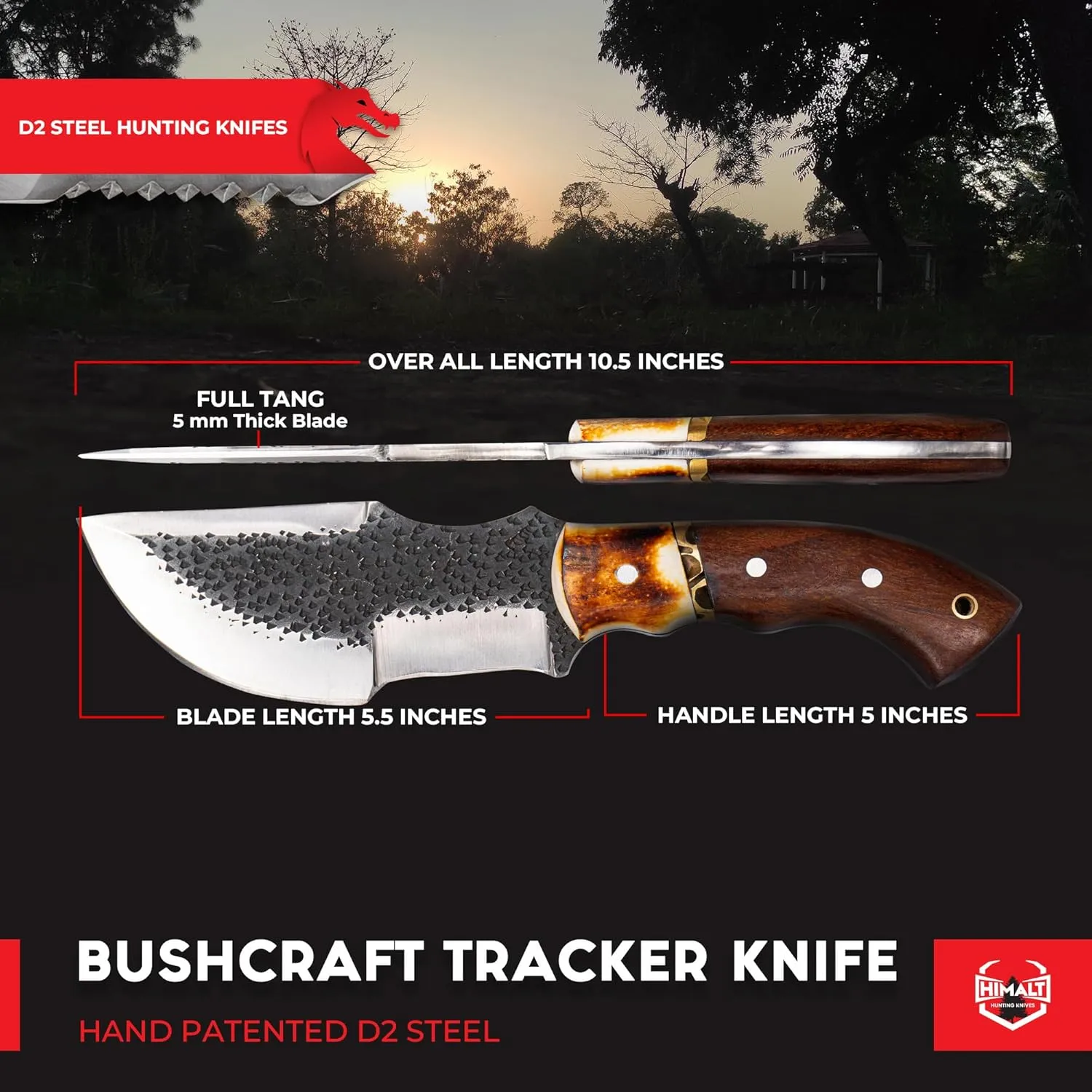10.5" Hand Forged D2 Steel Hunting Knife with Sheath-Bushcraft knife-Rosewood & Burnt Camel Bone Handle- Fixed Blade Hunting, Survival knife Full Tang-Ideal For EDC,camping skinning, Outdoor-Best Hunting Knives For Men.