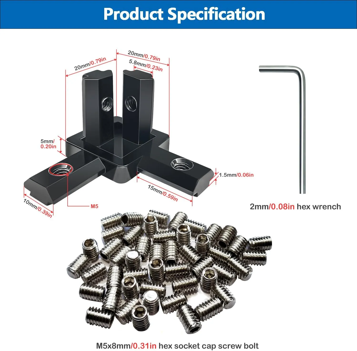 12PCS Black 2020 3-Way Corner Bracket Connector with 48Pcs M4 Screw and 1Pcs M2 Wrench for 2020 Series Aluminum Extrusion Profile