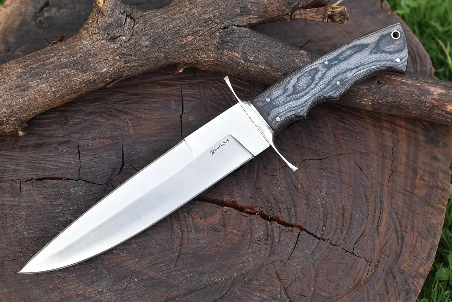 13-inch Bowie Knife, Full Tang Fixed Blade, Wood Handle Damascus Steel Hunting Knife with Scout Horizontal Carry Leather Sheath for Camping, Hiking, Survival (ARMAGEDDON)