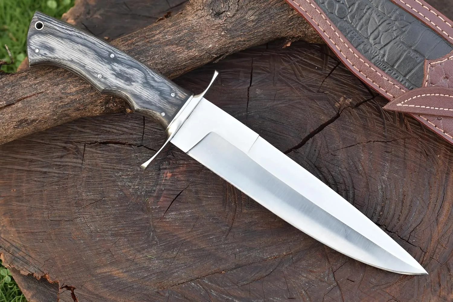 13-inch Bowie Knife, Full Tang Fixed Blade, Wood Handle Damascus Steel Hunting Knife with Scout Horizontal Carry Leather Sheath for Camping, Hiking, Survival (ARMAGEDDON)