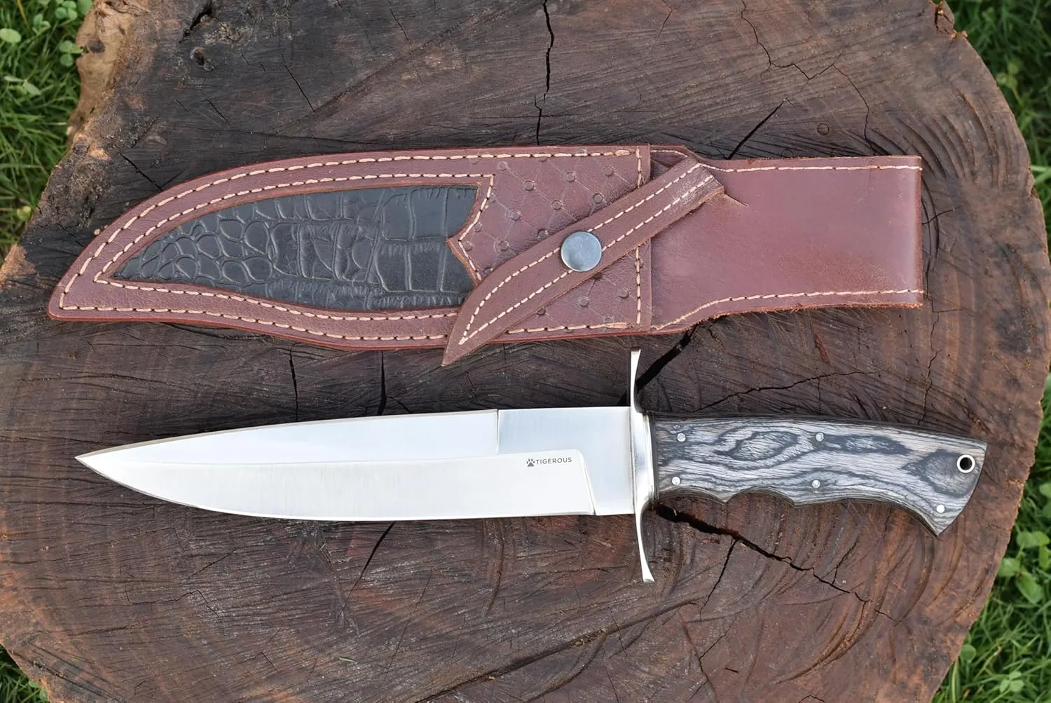 13-inch Bowie Knife, Full Tang Fixed Blade, Wood Handle Damascus Steel Hunting Knife with Scout Horizontal Carry Leather Sheath for Camping, Hiking, Survival (ARMAGEDDON)