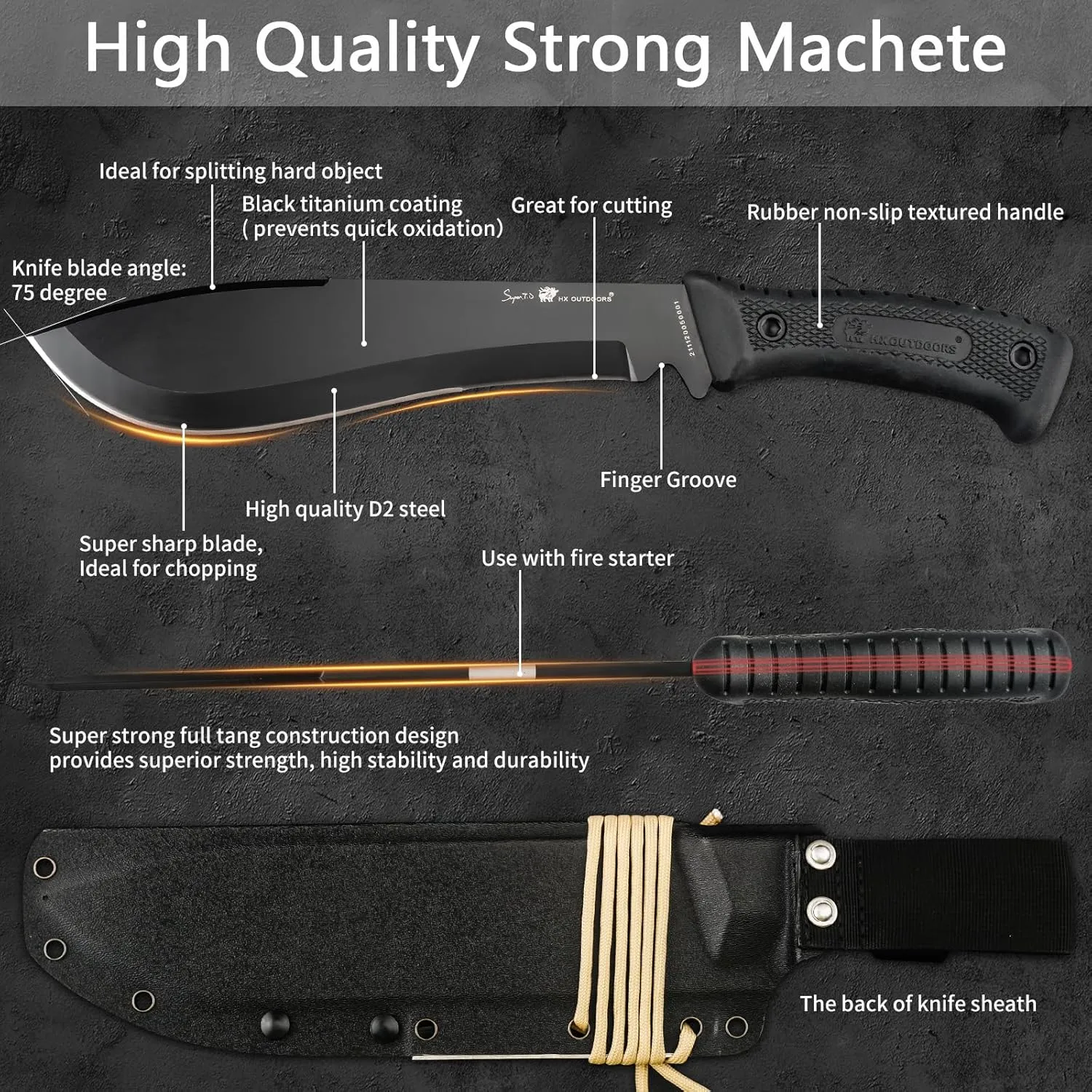 14 Inch Bush Machete Kukri Knife, Premium D2 Steel Full Tang Gardening Machete Knife with Kydex Sheath for Outdoor, Camping, Clearing Brush (Black)