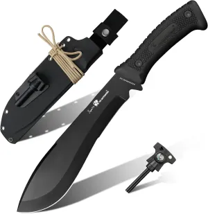 14 Inch Bush Machete Kukri Knife, Premium D2 Steel Full Tang Gardening Machete Knife with Kydex Sheath for Outdoor, Camping, Clearing Brush (Black)