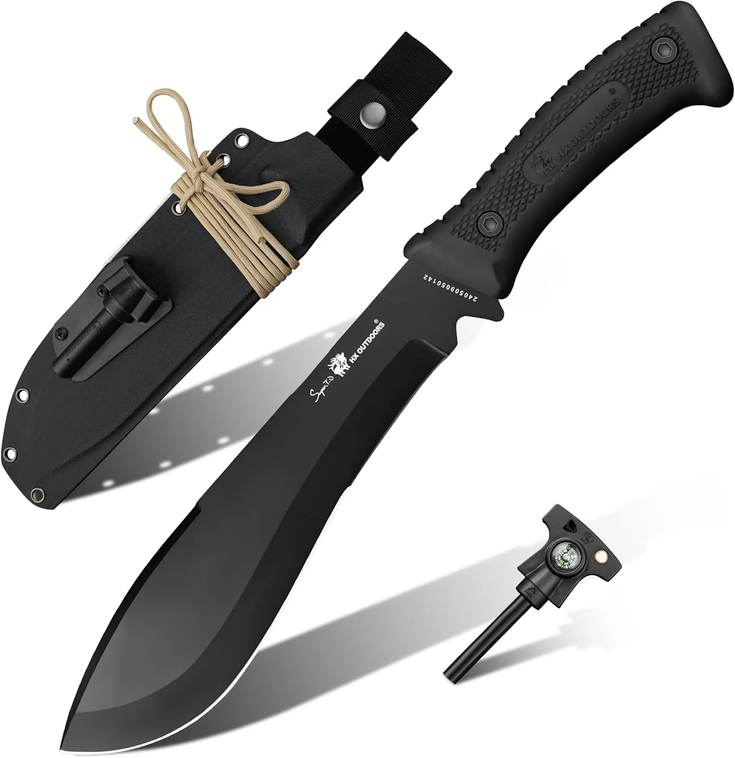 14 Inch Bush Machete Kukri Knife, Premium D2 Steel Full Tang Gardening Machete Knife with Kydex Sheath for Outdoor, Camping, Clearing Brush (Black)