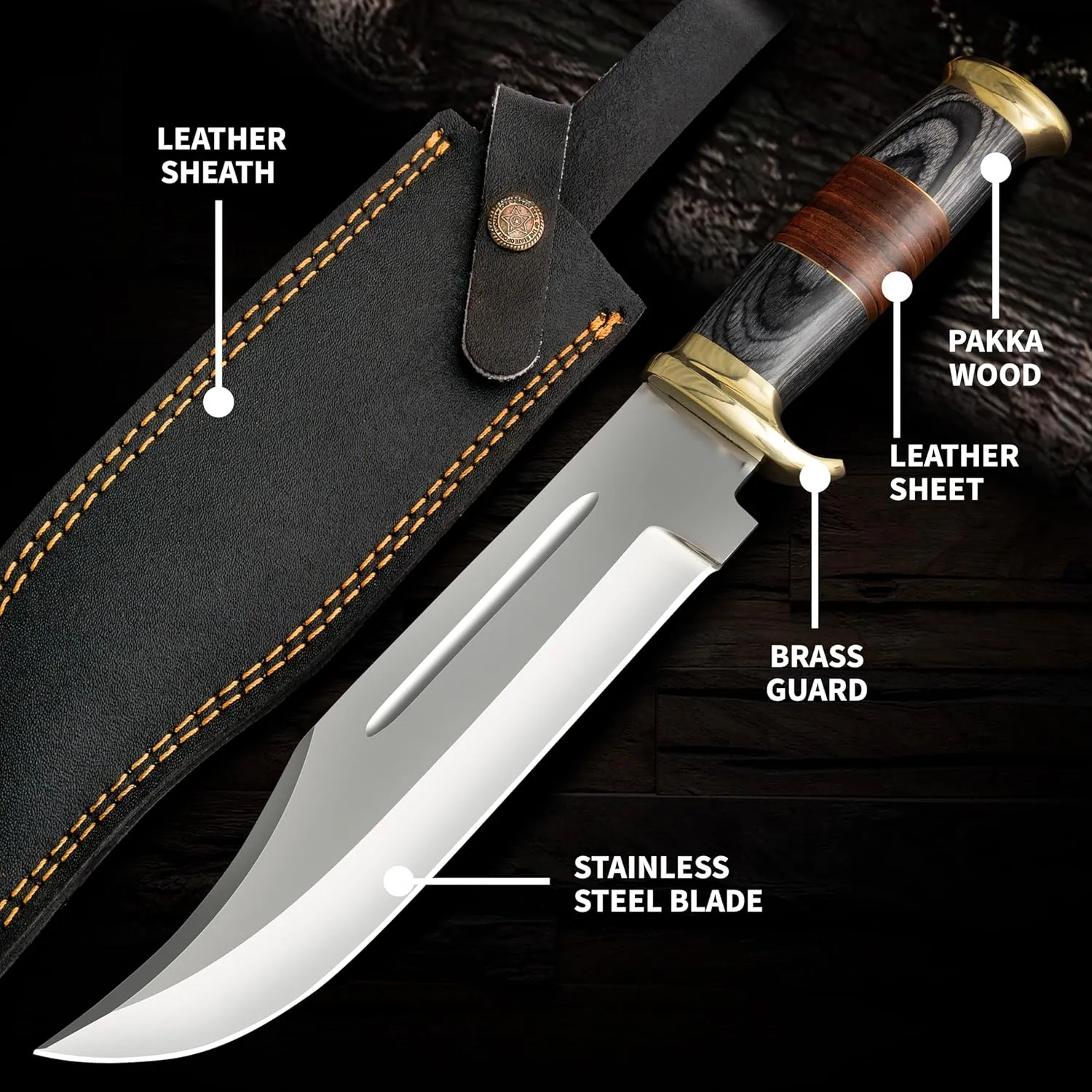 14 Inch Crocodile Dundee Bowie knife with Leather Sheath Fixed Blade Hunting Knife with Sheath-Tactical Survival Knife for Outdoor Camping, EDC, Knife for Men