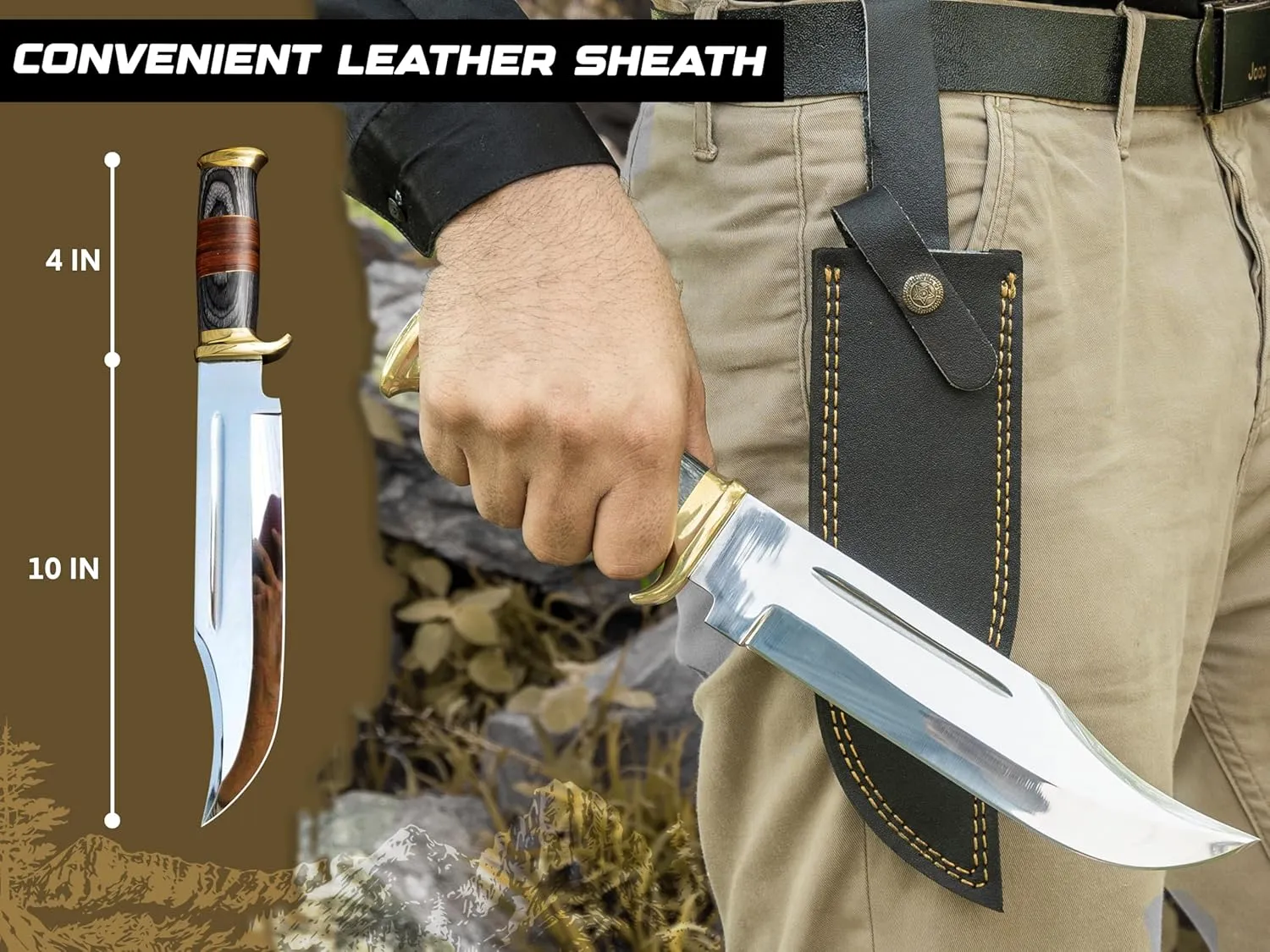 14 Inch Crocodile Dundee Bowie knife with Leather Sheath Fixed Blade Hunting Knife with Sheath-Tactical Survival Knife for Outdoor Camping, EDC, Knife for Men