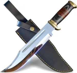 14 Inch Crocodile Dundee Bowie knife with Leather Sheath Fixed Blade Hunting Knife with Sheath-Tactical Survival Knife for Outdoor Camping, EDC, Knife for Men