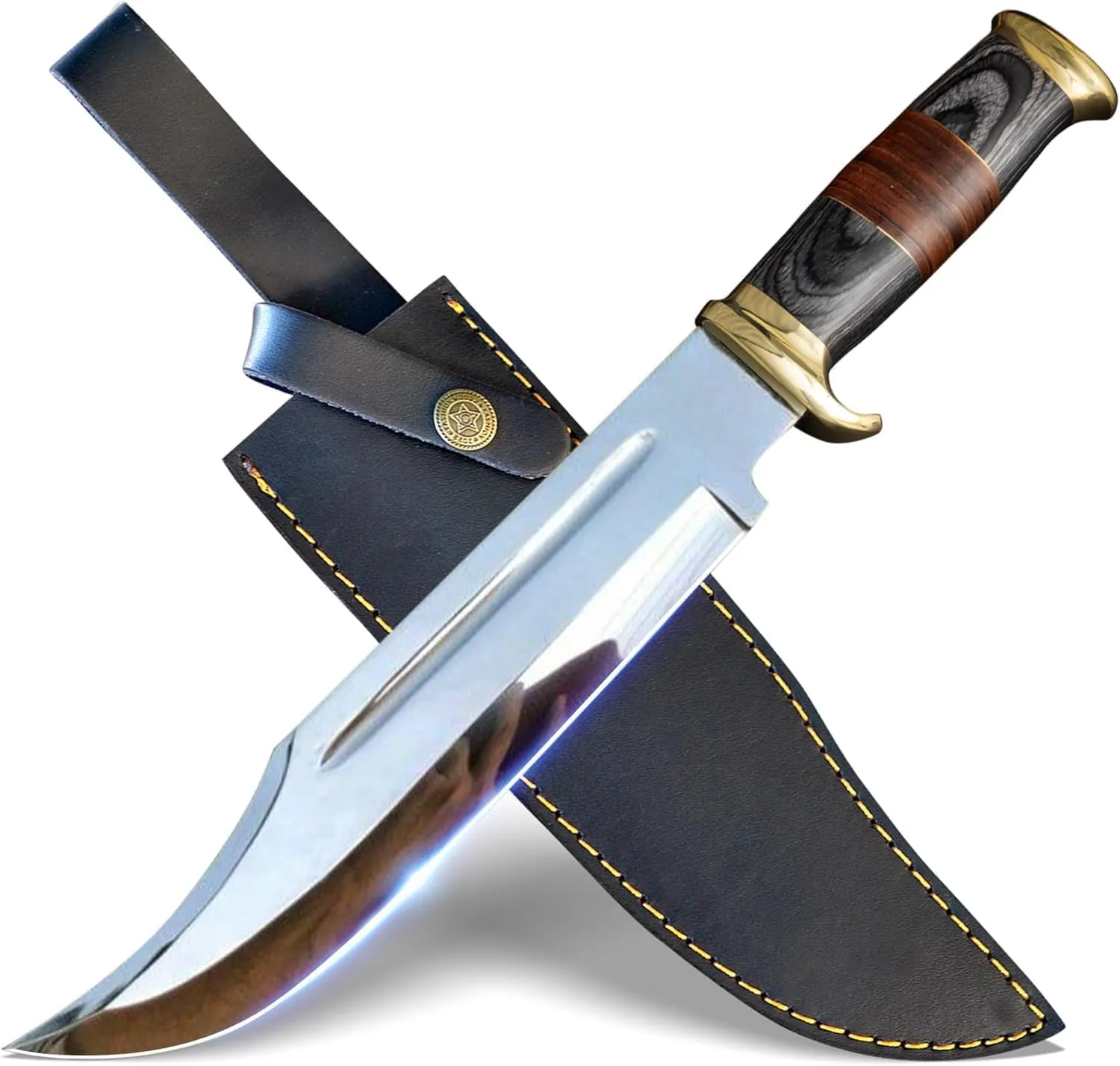 14 Inch Crocodile Dundee Bowie knife with Leather Sheath Fixed Blade Hunting Knife with Sheath-Tactical Survival Knife for Outdoor Camping, EDC, Knife for Men