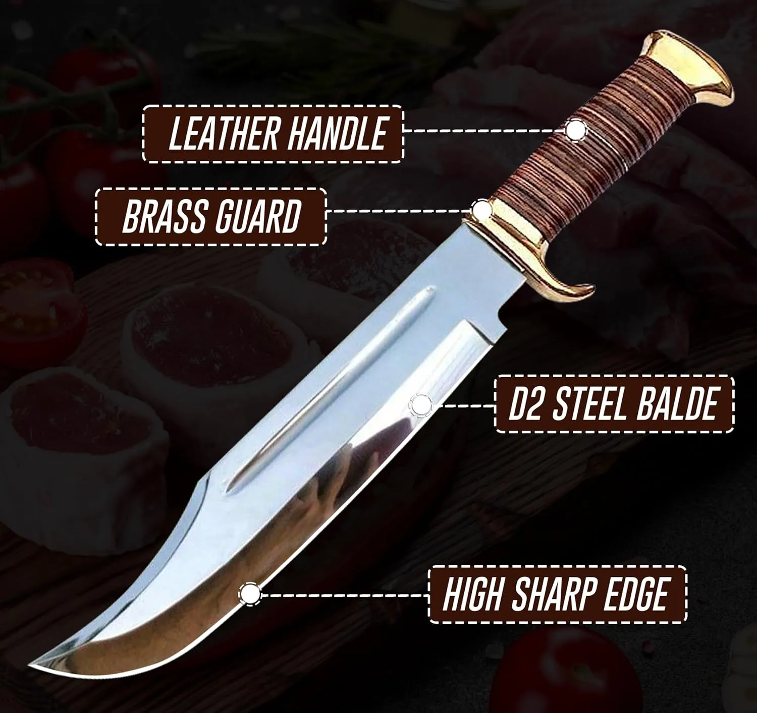 14" Crocodile Dundee-Fixed Blade Bowie Knife With Sheath-Survival-Hunting Knife with Leather Handle-Tactical Knife for Camping, Outdoor, Bushcraft - Gift for Men