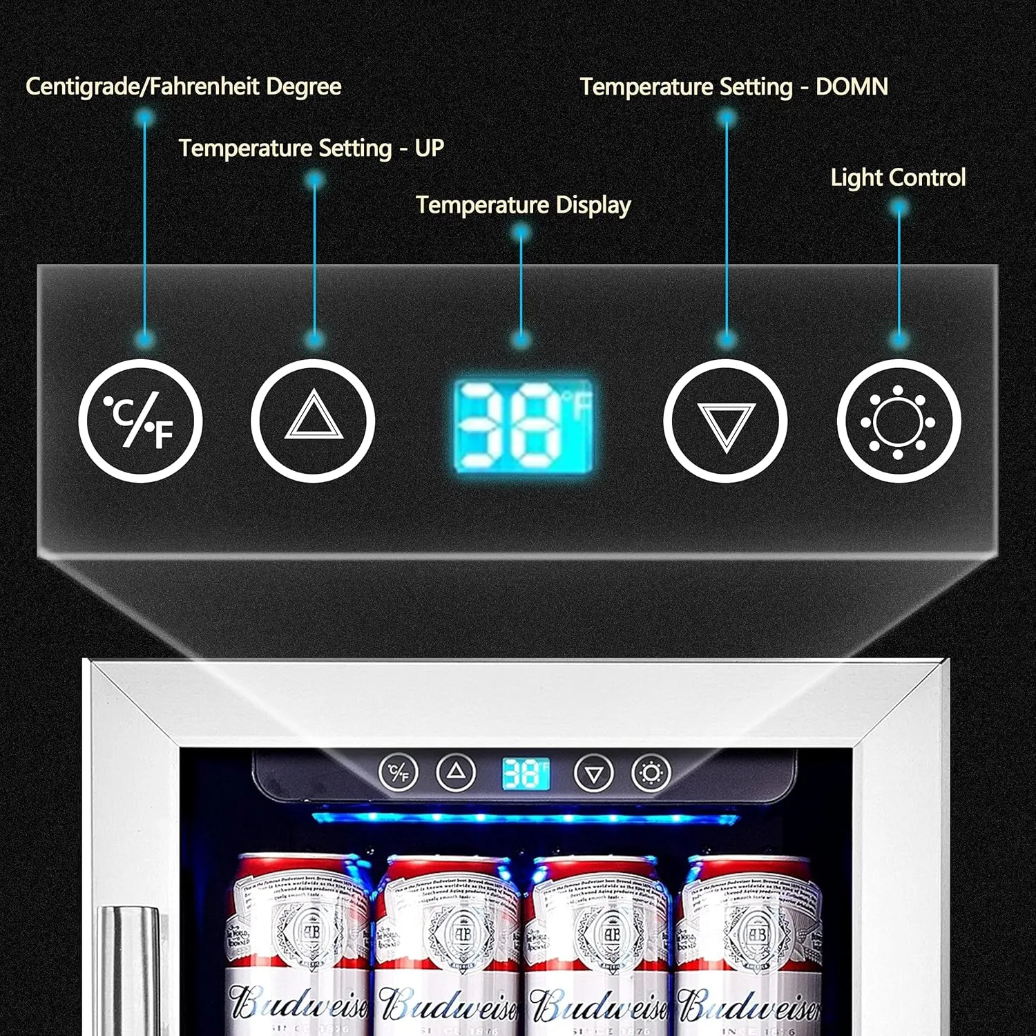 15 Inch Beverage Cooler and Kalamera Refrigerator Under Counter Built-in or Freestanding - 96 Cans Capacity Mini Fridge- for Soda, Water, Beer or Wine - For Kitchen or Bar with Blue Interior Light