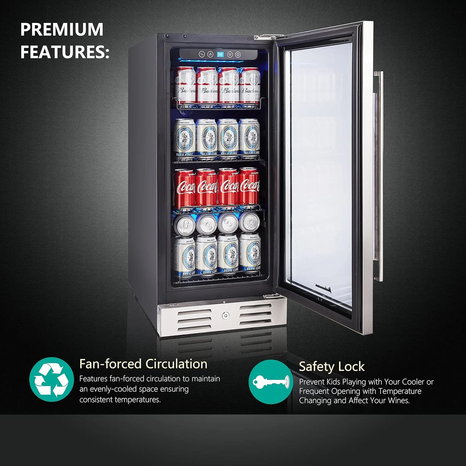 15 Inch Beverage Cooler and Kalamera Refrigerator Under Counter Built-in or Freestanding - 96 Cans Capacity Mini Fridge- for Soda, Water, Beer or Wine - For Kitchen or Bar with Blue Interior Light