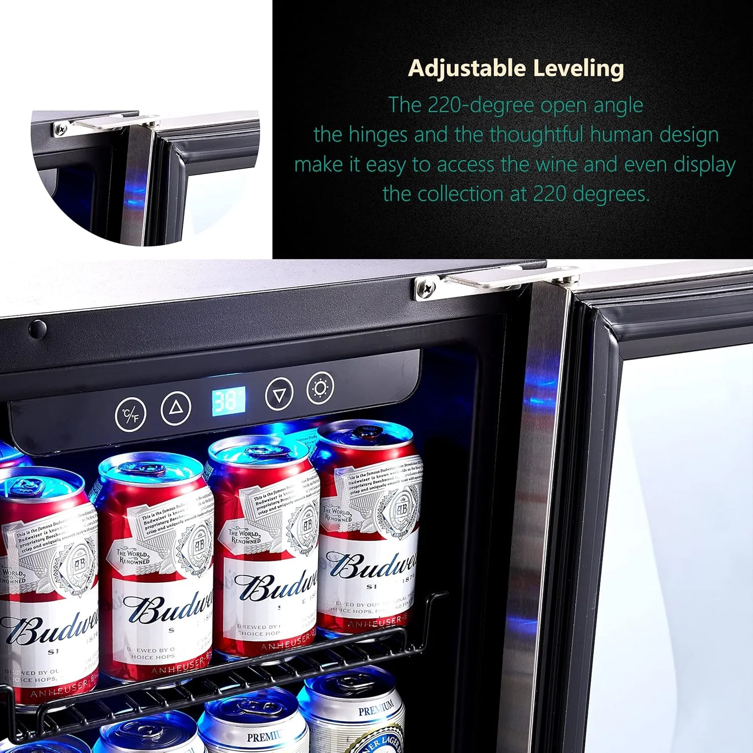 15 Inch Beverage Cooler and Kalamera Refrigerator Under Counter Built-in or Freestanding - 96 Cans Capacity Mini Fridge- for Soda, Water, Beer or Wine - For Kitchen or Bar with Blue Interior Light