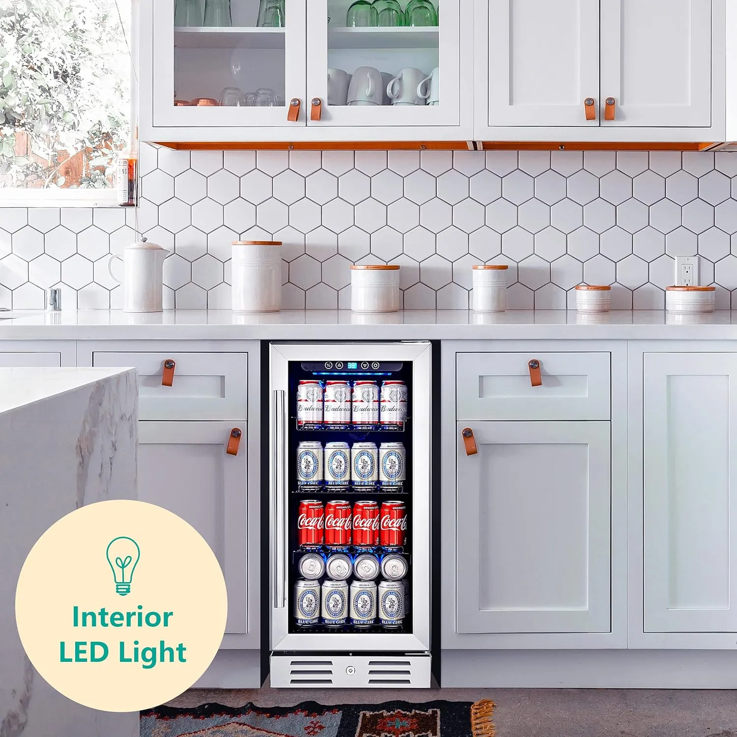 15 Inch Beverage Cooler and Kalamera Refrigerator Under Counter Built-in or Freestanding - 96 Cans Capacity Mini Fridge- for Soda, Water, Beer or Wine - For Kitchen or Bar with Blue Interior Light