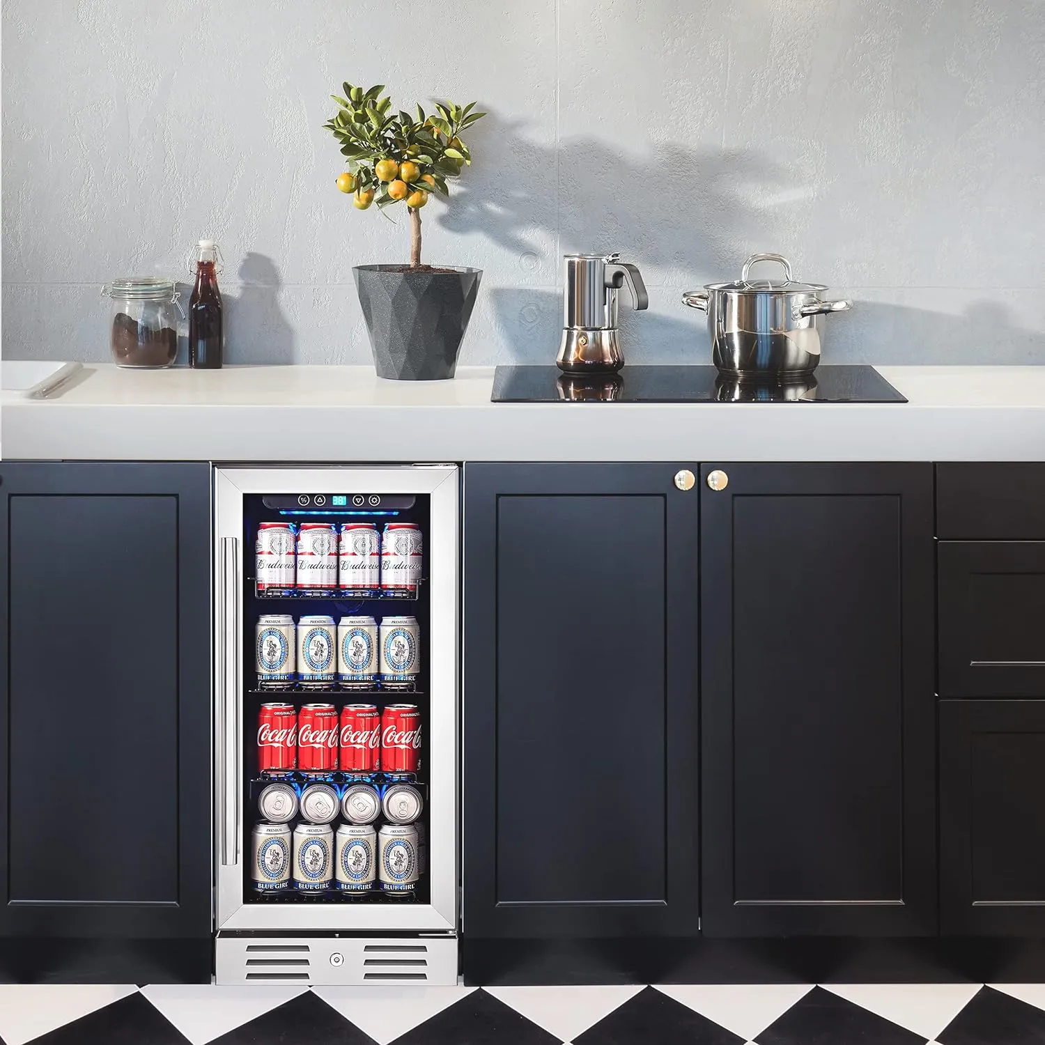 15 Inch Beverage Cooler and Kalamera Refrigerator Under Counter Built-in or Freestanding - 96 Cans Capacity Mini Fridge- for Soda, Water, Beer or Wine - For Kitchen or Bar with Blue Interior Light