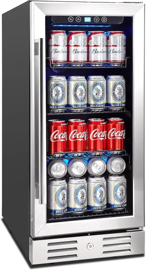15 Inch Beverage Cooler and Kalamera Refrigerator Under Counter Built-in or Freestanding - 96 Cans Capacity Mini Fridge- for Soda, Water, Beer or Wine - For Kitchen or Bar with Blue Interior Light