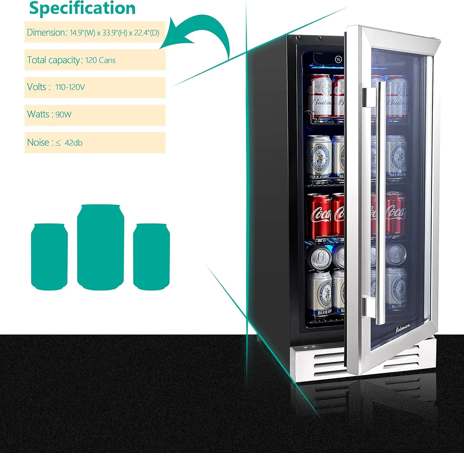 15 Inch Beverage Cooler and Kalamera Refrigerator Under Counter Built-in or Freestanding - 96 Cans Capacity Mini Fridge- for Soda, Water, Beer or Wine - For Kitchen or Bar with Blue Interior Light