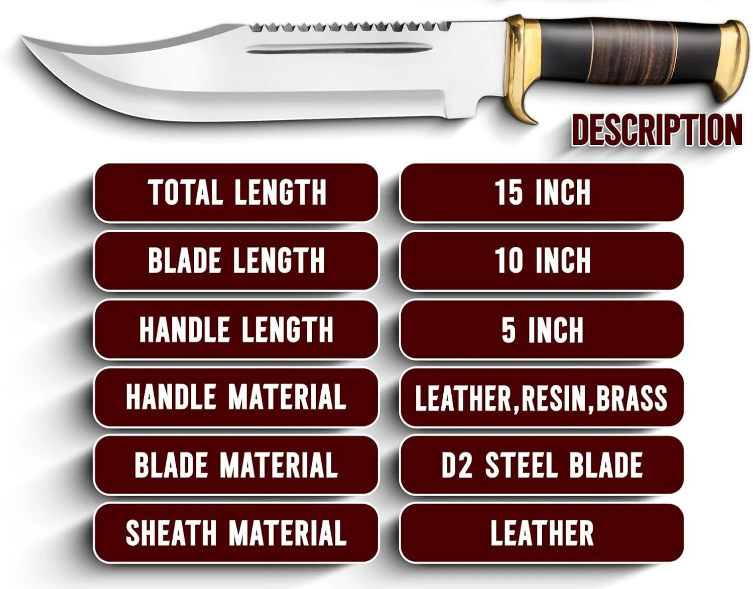 15" Crocodille dundee Bowie Knife With Sheath-Fixed Blade Knife With Sheath-Survival Knife-Hunting Knife- for Camping, Outdoor, Bushcraft - Gift for Men