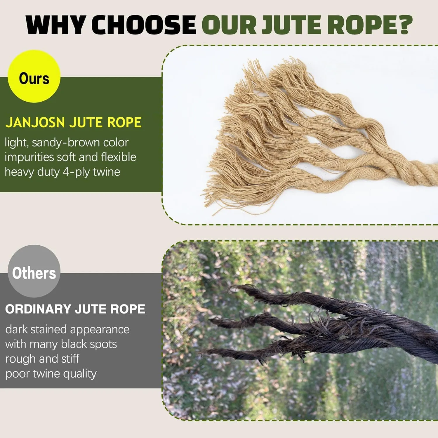 2 Inch Natural Jute Rope, 65 Feet Thick Hemp Rope, 4 Strands Twisted for Docks, Nautical, Raliings, Tree Climbing, Decorating, Indoor/Outdoor Use