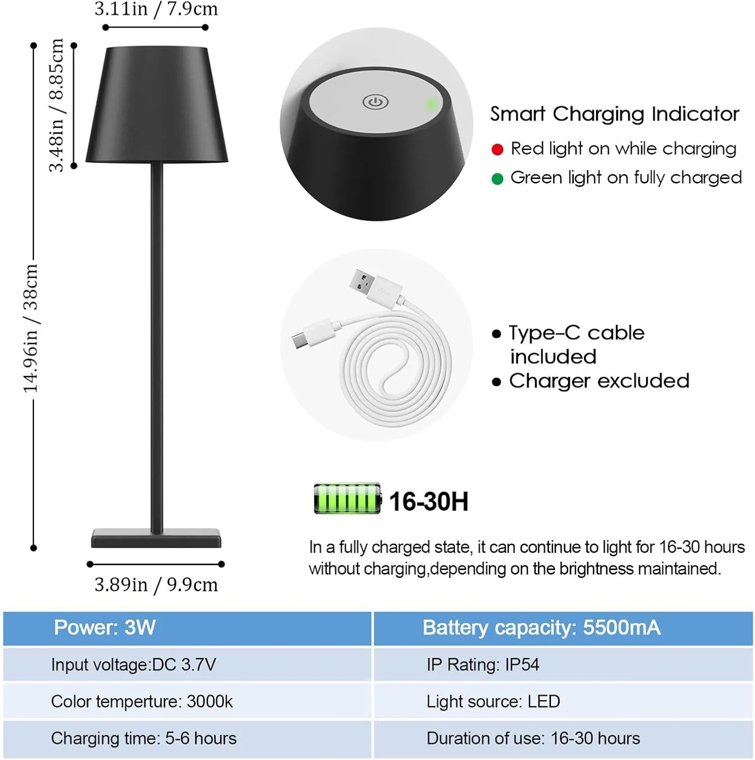 2-Pack LED Cordless Table Lamp, Rechargeable Battery Desk lamp 3W 5500mAh Battery Operated Stepless Dimming Modern Portable Table Light for Restaurant/Dinner/Bedroom/Outdoor IP54 Waterproof (Black)