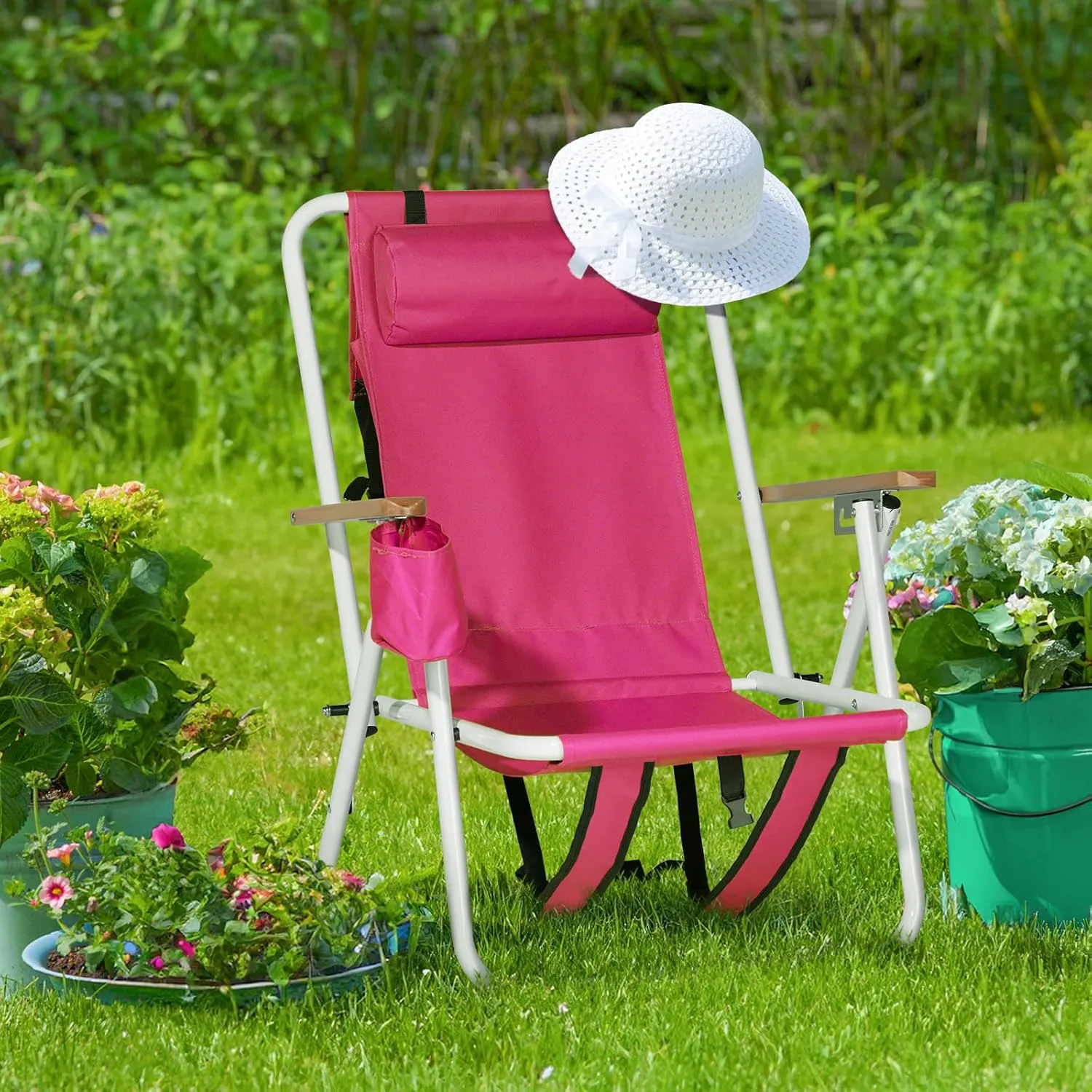 2 Pack Outdoor Beach Portable Lawn Chair,Portable Lightweight Folding Chair for Adults,Folding Beach Chair,Portable Backpack Foldable Camping Chair,with Cup Holder,for Patio Pool Yard Garden (Pink)