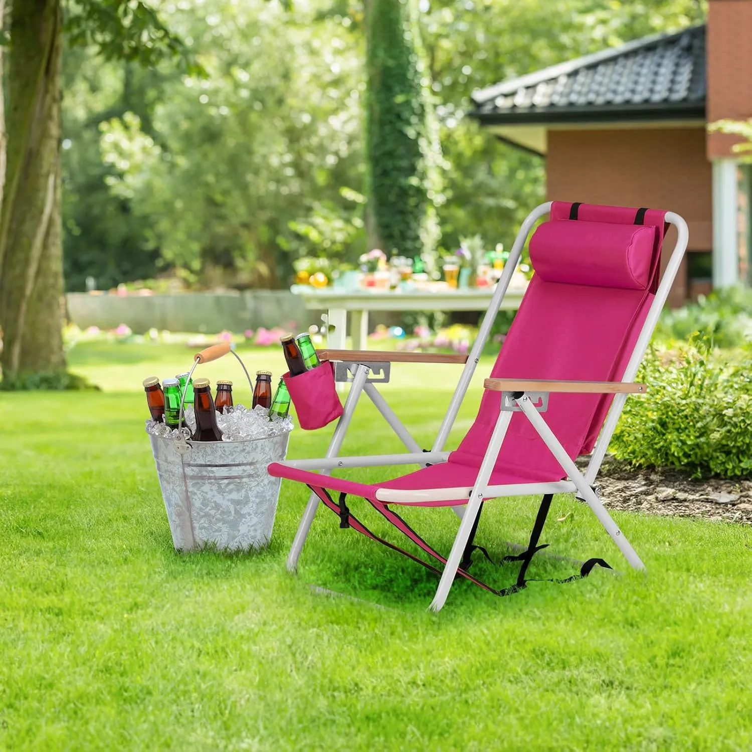 2 Pack Outdoor Beach Portable Lawn Chair,Portable Lightweight Folding Chair for Adults,Folding Beach Chair,Portable Backpack Foldable Camping Chair,with Cup Holder,for Patio Pool Yard Garden (Pink)