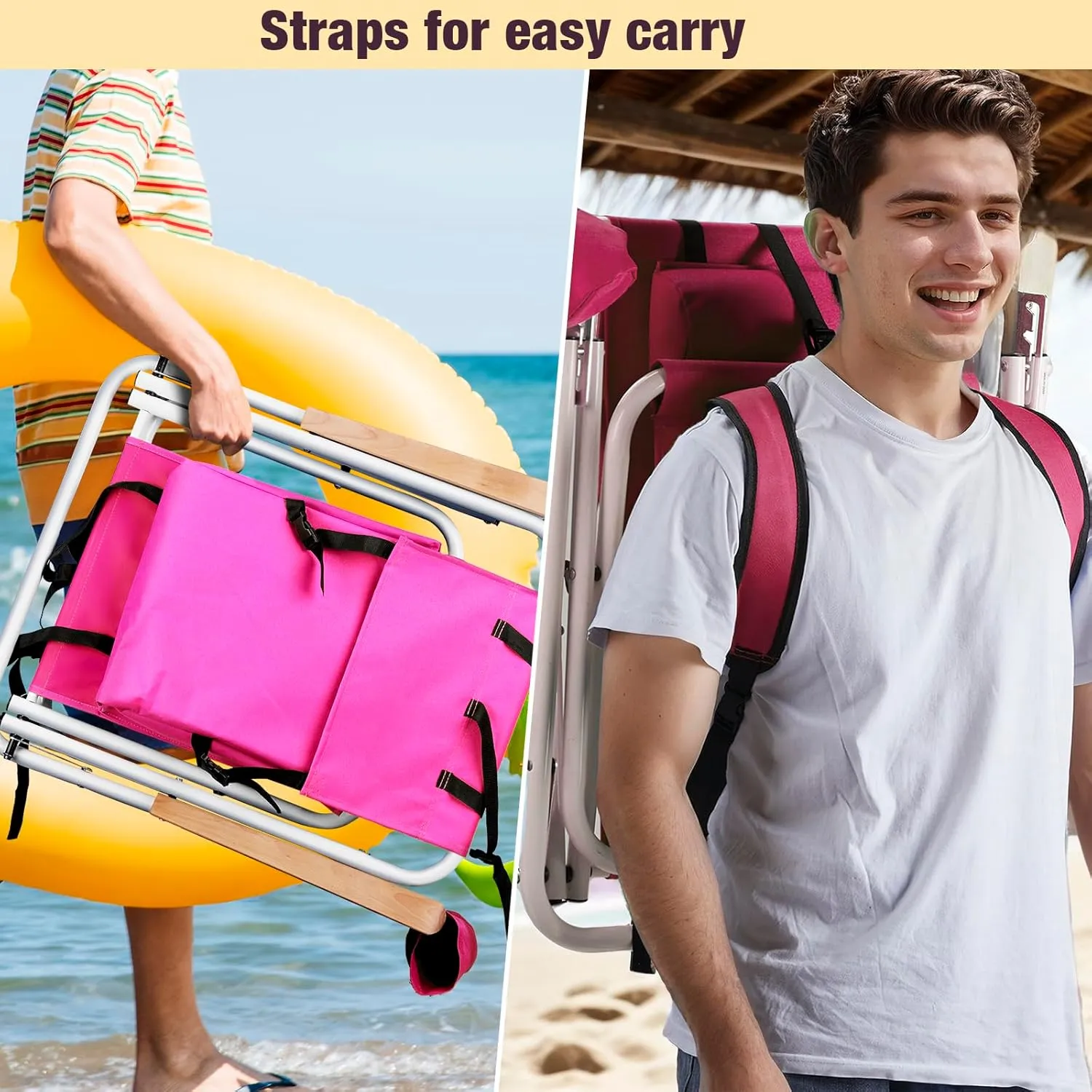 2 Pack Outdoor Beach Portable Lawn Chair,Portable Lightweight Folding Chair for Adults,Folding Beach Chair,Portable Backpack Foldable Camping Chair,with Cup Holder,for Patio Pool Yard Garden (Pink)