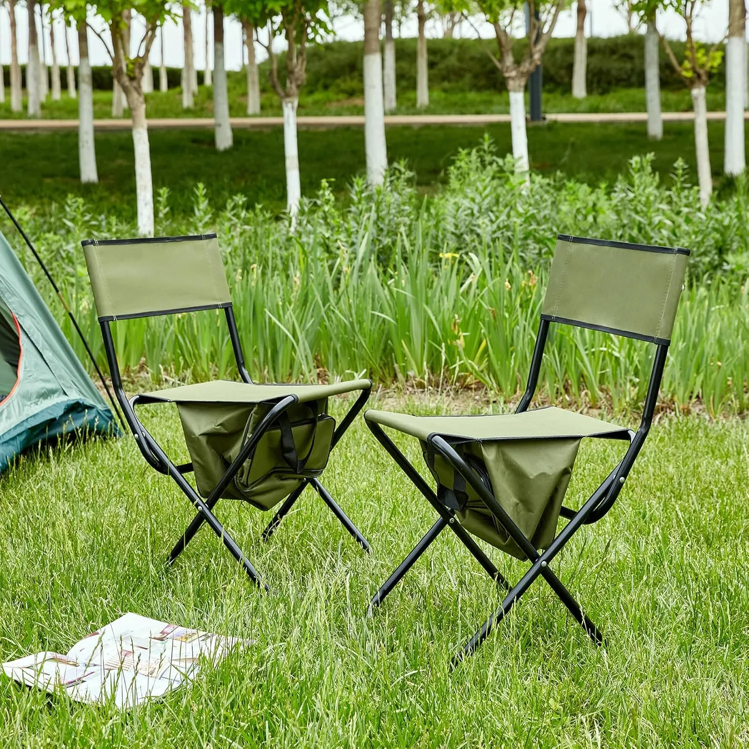 2 Pack Outdoor Folding Camping Chair with Storage Bag, Sturdy Folding Camp Chair with High Backrest, Support to 280 lbs Hunting Chairs Fishing Chair Camping Chairs for Adults, 2 Pack (Green)