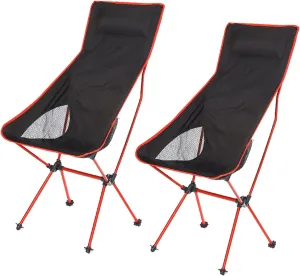 2 Pack Portable High Back Camping Chairs, Outdoor Folding Chair Supports 330 LBS, Ultralight Compact Aluminum Folding Beach Chair with Carry Bag, for Hiking Picnic Fishing,Red
