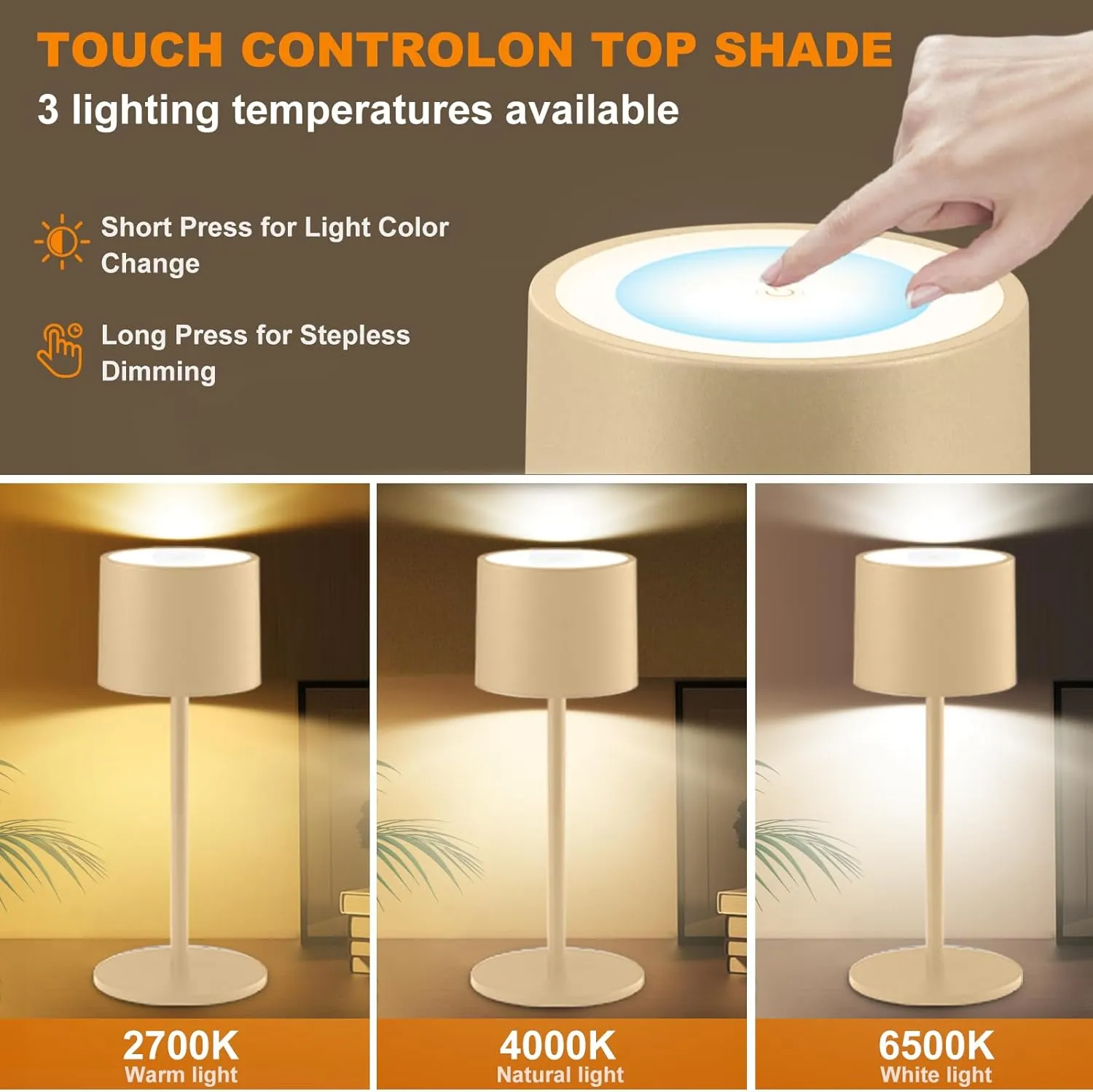 2 Pack Rechargeable Table Lamps, Battery Powered LED Desk Lamp, 3 Color Stepless Dimming Up, Portable Table Light for Bedroom/Couple Dinner/Desk/Cafe/Dining Room/Terrace,Waterproof & Wireless
