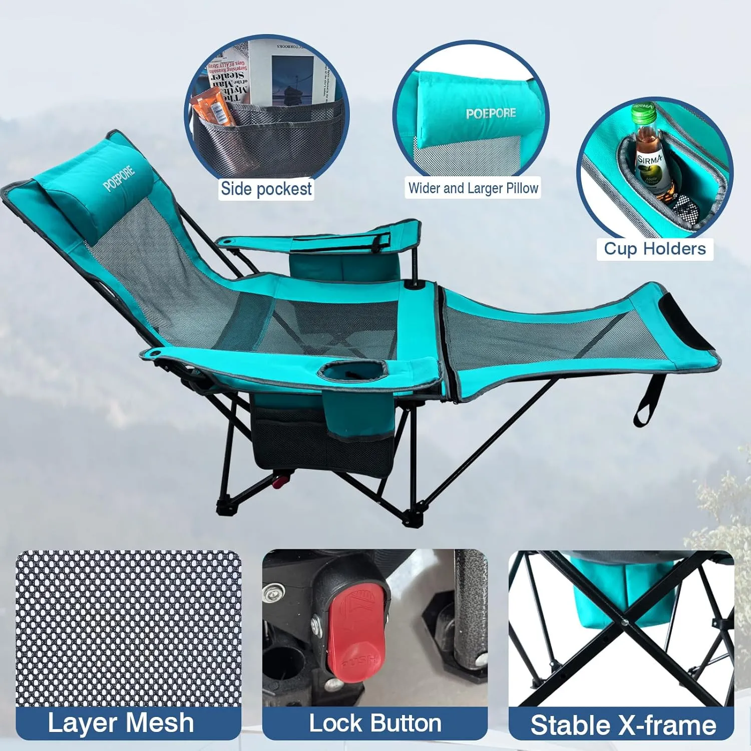 2-Pack Reclining Camping Chair 4 Position with Foot Rest Comfortable for Adults 265Ibs Folding Lounger Mesh Beach Chair with Cooler Bag,Cotton Cushion and Cup Holder for Outdoor Patio