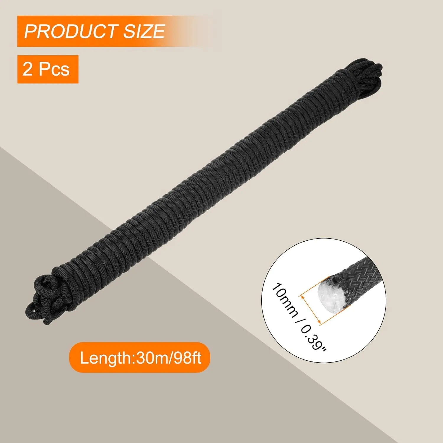 2 Pcs Black Nylon Rope 3/8" x98ft Solid Braided Cord Polypropylene Rope Utility Cord,[for Camping, Tie Down, Securing, Mooring Lines,Indoor & Outdoor Use]