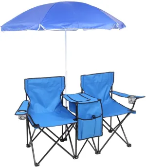 2-Person Folding Beach Chair with Umbrella & Cooler Table - 250LB Capacity Portable Camping Chair with Adjustable Canopy, Cup Holder & Carry Bag for Pool, Patio, Park, Outdoor, Blue
