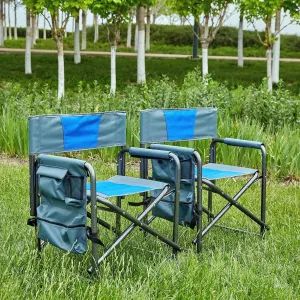 2-Piece Padded Folding Outdoor Chair with Storage Pockets, Lightweight Oversized Design for Camping, Picnics and Fishing, Blue/Grey
