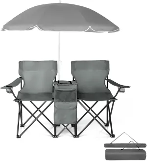 2-Seat Folding Camping Chair with Removable Umbrella – Portable Outdoor Chair for Beach, Fishing & Sports – Heavy-Duty Steel Frame with Cup Holders & Storage Bag (Grey)