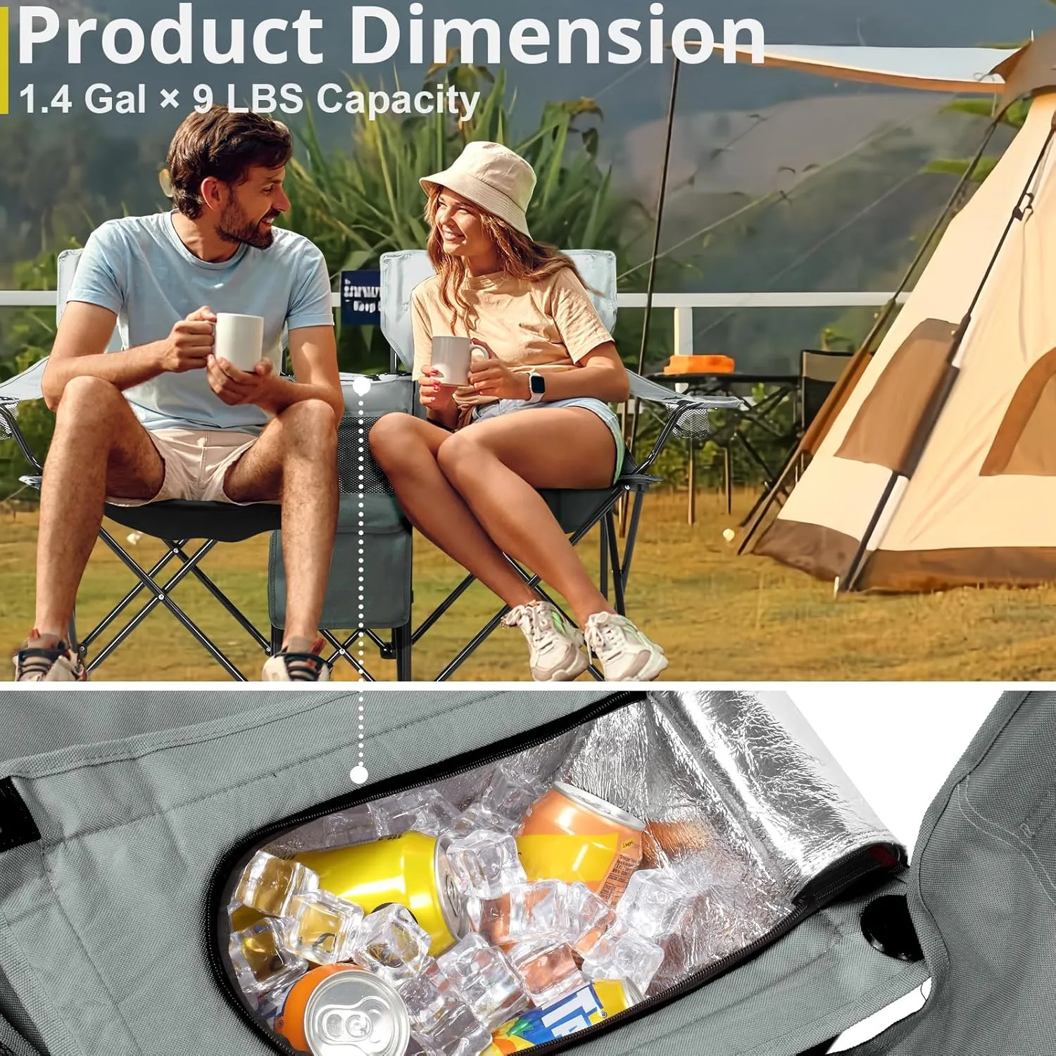 2-Seat Folding Camping Chair with Removable Umbrella – Portable Outdoor Chair for Beach, Fishing & Sports – Heavy-Duty Steel Frame with Cup Holders & Storage Bag (Grey)