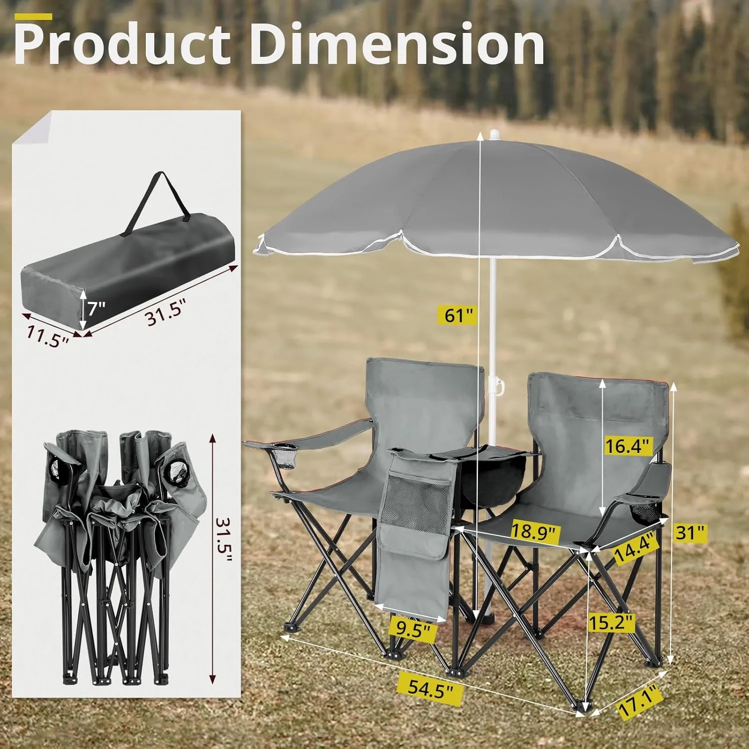 2-Seat Folding Camping Chair with Removable Umbrella – Portable Outdoor Chair for Beach, Fishing & Sports – Heavy-Duty Steel Frame with Cup Holders & Storage Bag (Grey)