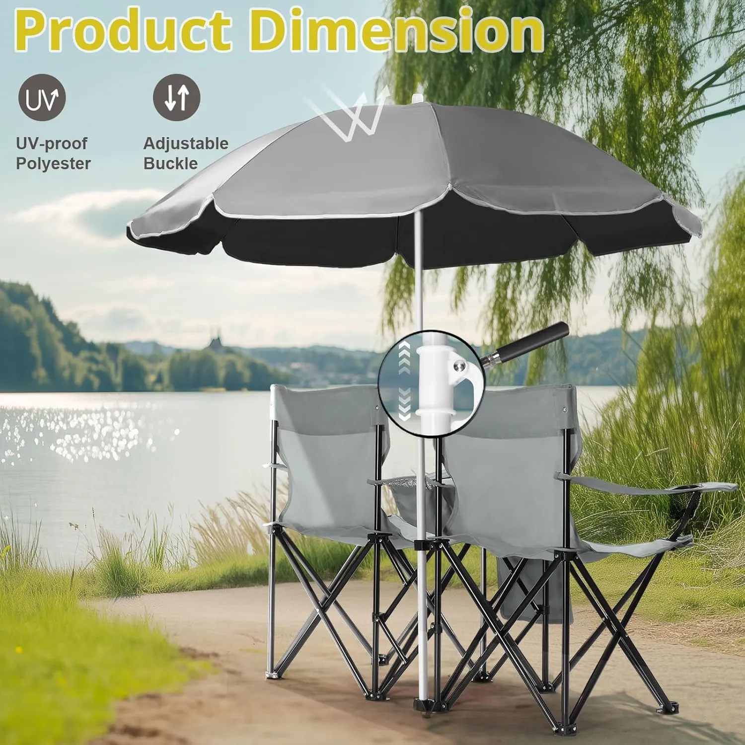 2-Seat Folding Camping Chair with Removable Umbrella – Portable Outdoor Chair for Beach, Fishing & Sports – Heavy-Duty Steel Frame with Cup Holders & Storage Bag (Grey)