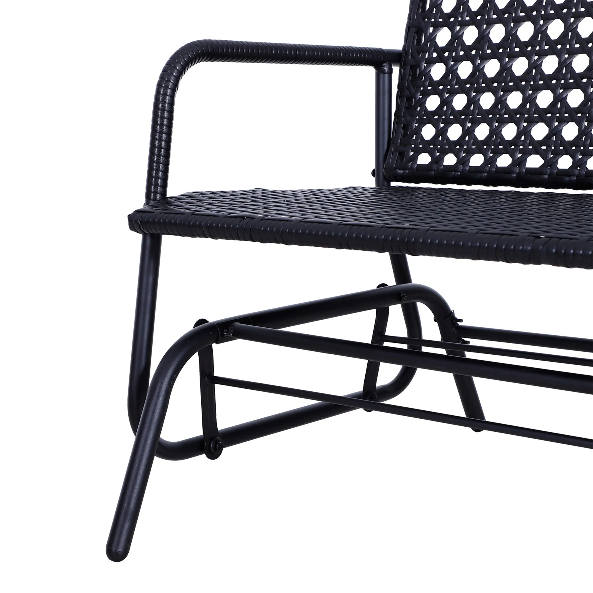2 Seater PE Rattan Glider Bench, Outdoor Loveseat Chair with Steel Frame, Porch Rocking Glider for 2 Person with Armchair, High Back, Black