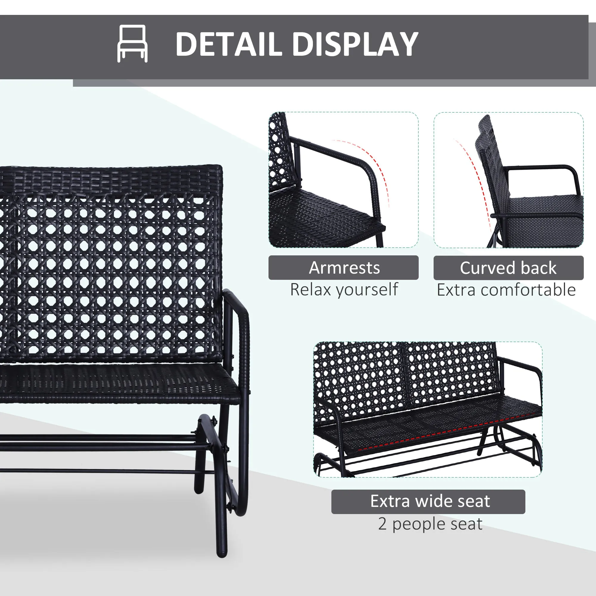 2 Seater PE Rattan Glider Bench, Outdoor Loveseat Chair with Steel Frame, Porch Rocking Glider for 2 Person with Armchair, High Back, Black