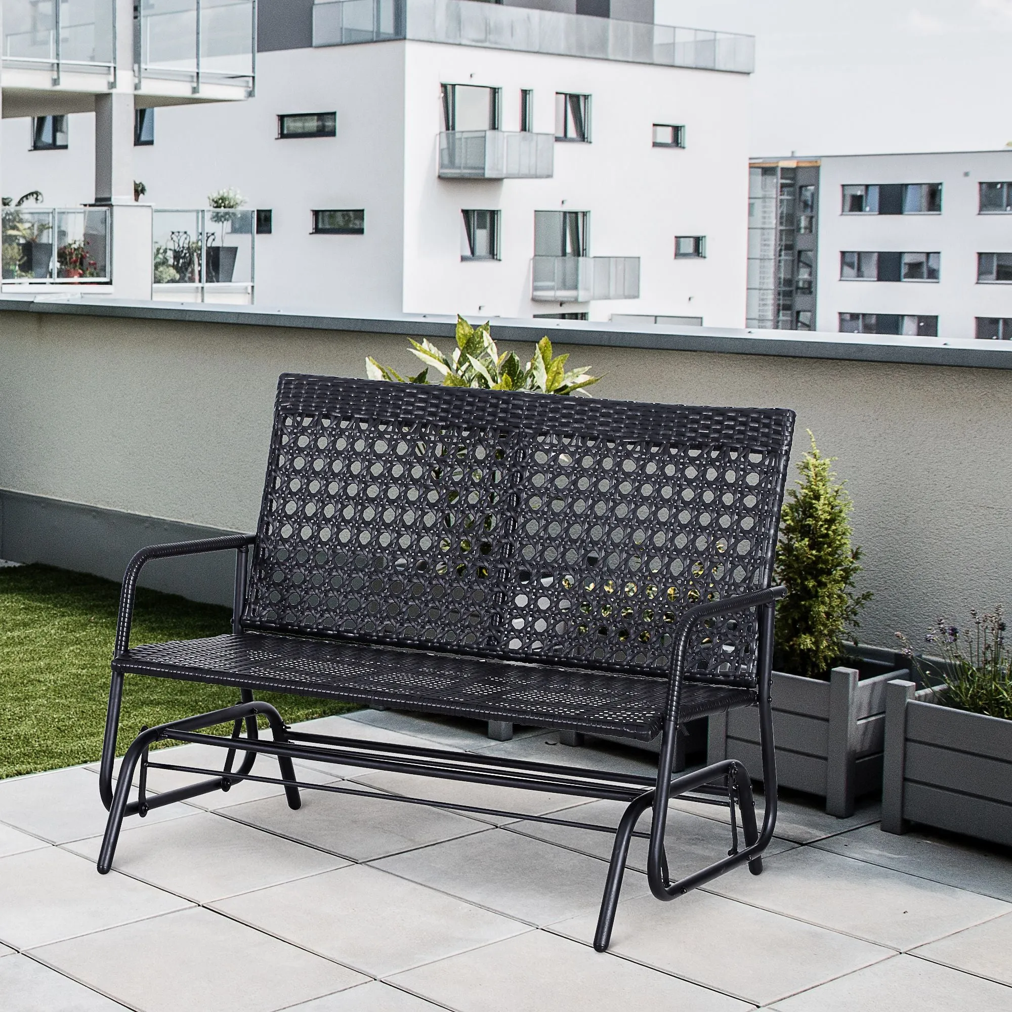 2 Seater PE Rattan Glider Bench, Outdoor Loveseat Chair with Steel Frame, Porch Rocking Glider for 2 Person with Armchair, High Back, Black