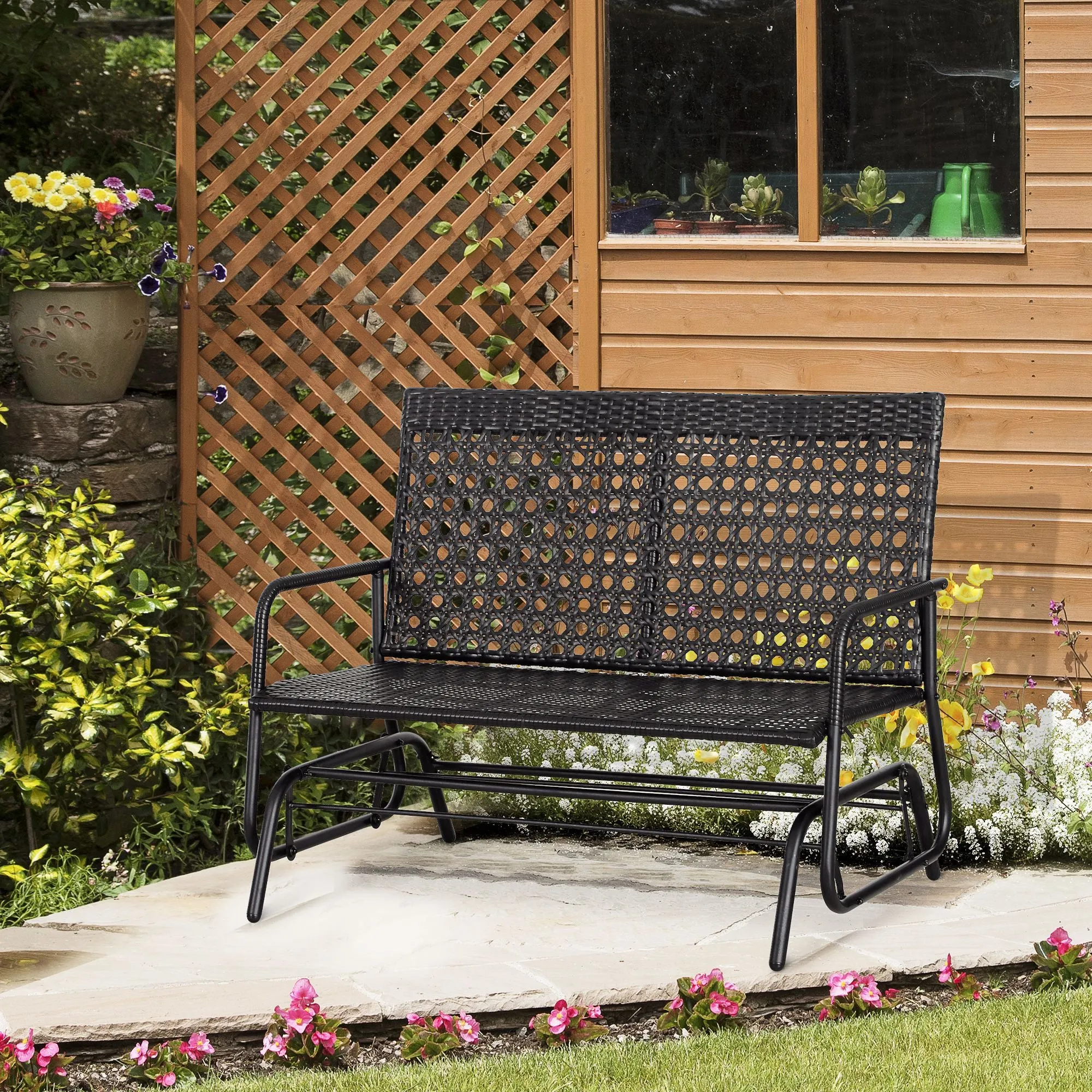2 Seater PE Rattan Glider Bench, Outdoor Loveseat Chair with Steel Frame, Porch Rocking Glider for 2 Person with Armchair, High Back, Black