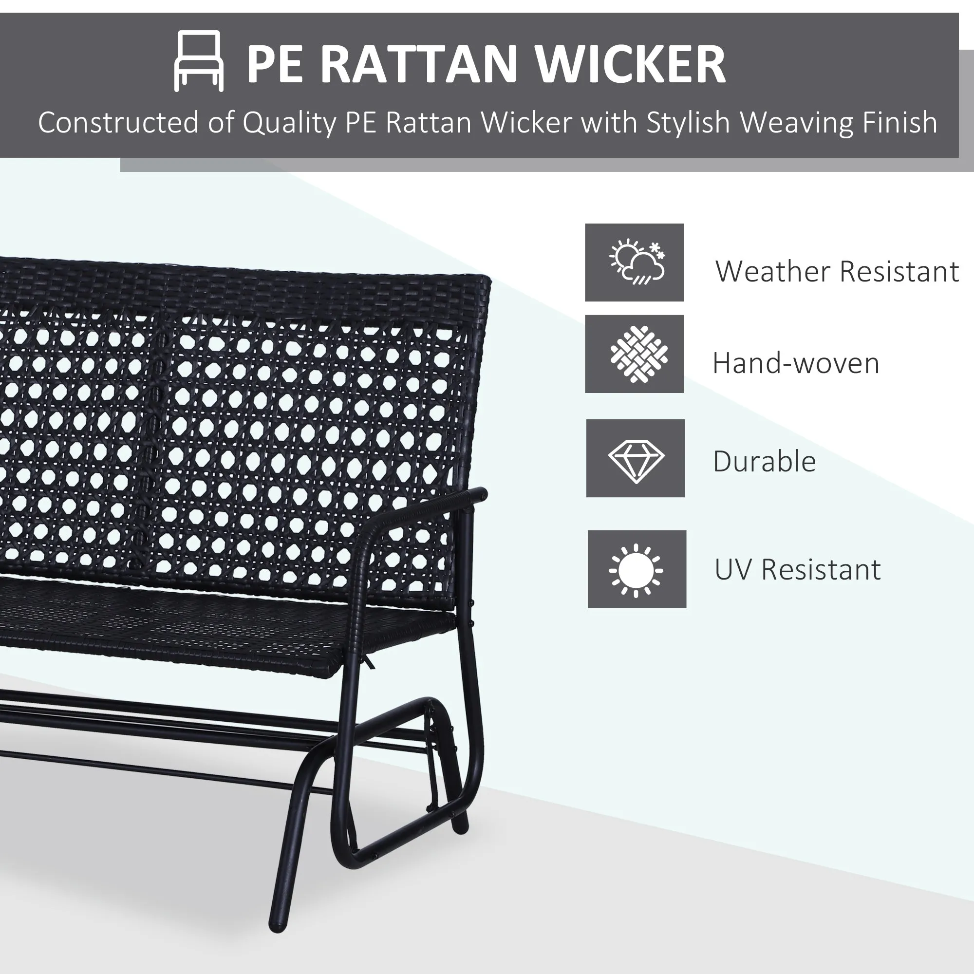2 Seater PE Rattan Glider Bench, Outdoor Loveseat Chair with Steel Frame, Porch Rocking Glider for 2 Person with Armchair, High Back, Black