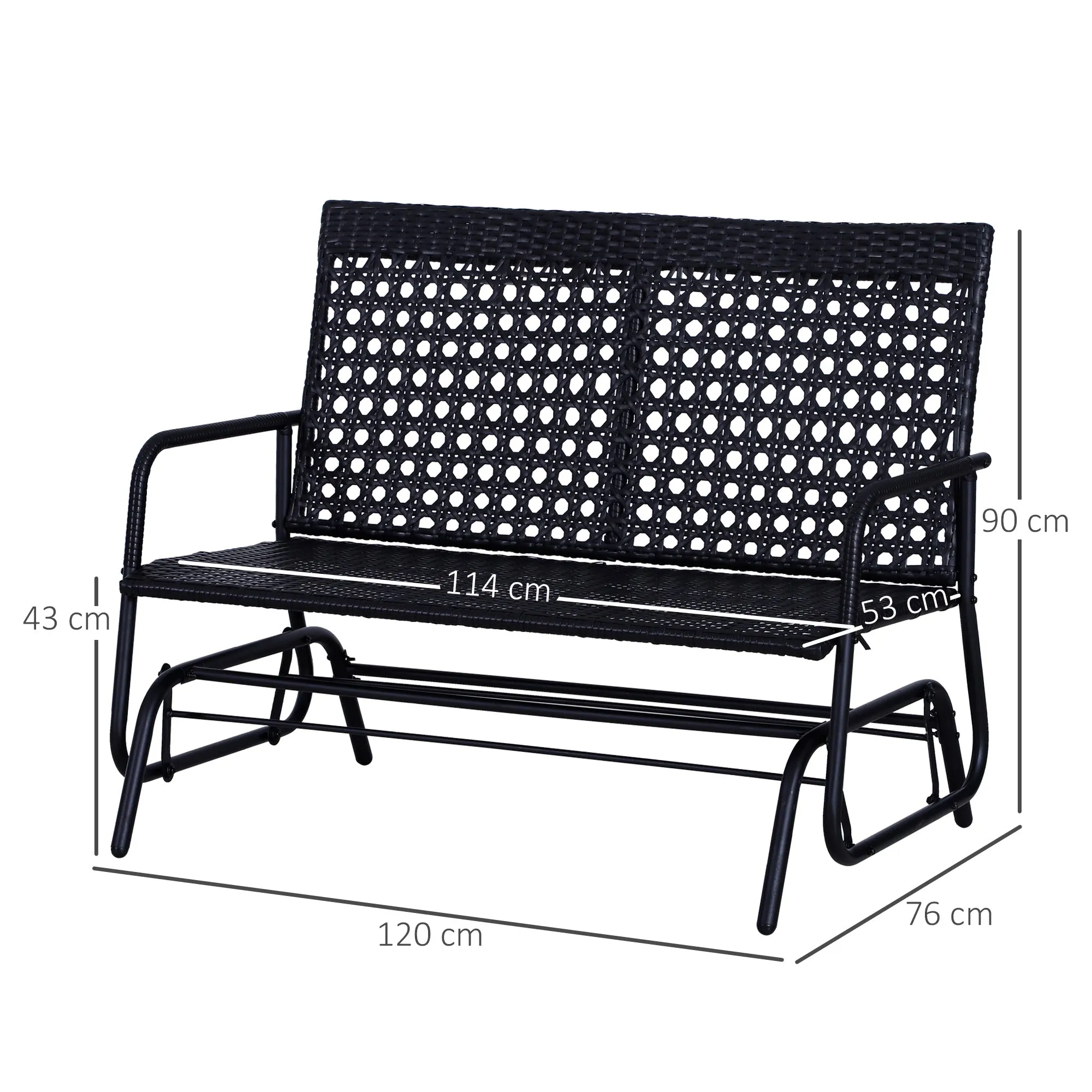 2 Seater PE Rattan Glider Bench, Outdoor Loveseat Chair with Steel Frame, Porch Rocking Glider for 2 Person with Armchair, High Back, Black