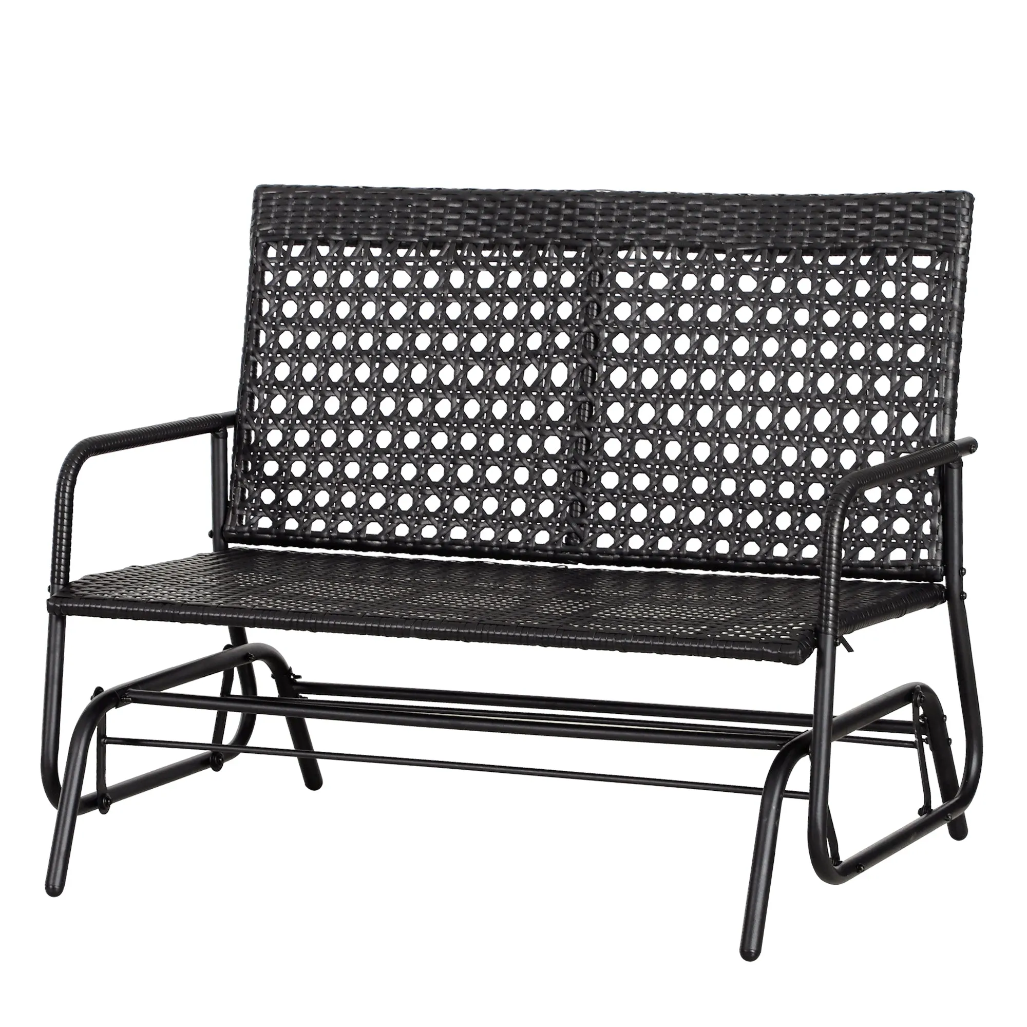 2 Seater PE Rattan Glider Bench, Outdoor Loveseat Chair with Steel Frame, Porch Rocking Glider for 2 Person with Armchair, High Back, Black